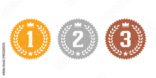 Award Badges Set for First, Second and Third Place. Winner Medals and Ranking Badges Collection