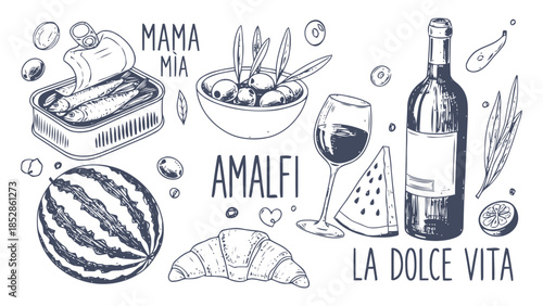 Delicious italian food and wine illustration Vector, illustration