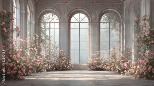 Luxury Palace hall Interior with big windows and walls decorated pink roses and flowers compositions. Classic castle interior. Wedding background
