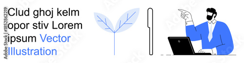 Sustainability, teamwork, leadership, technology usage, corporate communication, eco-awareness. Businessman pointing, laptop leaf and text elements . Sustainability and teamwork