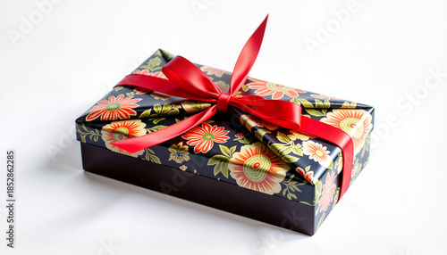 Furoshiki style gift wrapped in floral design with red ribbon  