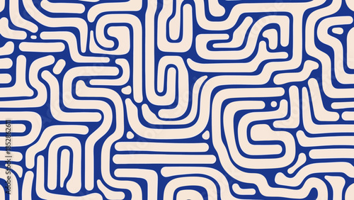 Abstract pattern of blue lines on a beige background, resembling a maze.