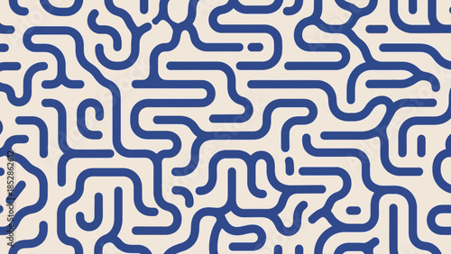 Abstract blue lines pattern on a beige background, resembling a maze or brain structure.