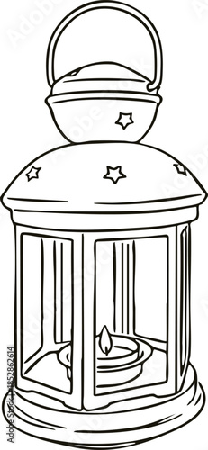 Hand drawn traditional lantern featuring a lit candle and star cutouts in a minimalist line art style, perfect for Ramadan and Eid cultural celebrations.