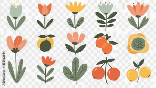 A collection of stylized, flat illustrations of various flowers, fruits, and leaves on a transparent background.