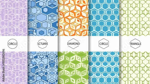 A collection of six seamless geometric patterns in various colors and shapes, including hexagons and cubes.