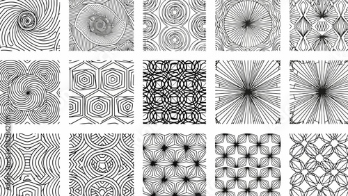 A collection of 15 black and white geometric patterns with intricate line designs.