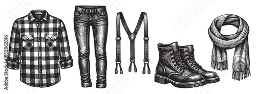 Black and white sketch illustration of a man's casual outfit including a checkered shirt, jeans, suspenders, boots, and a scarf, suitable for autumn or winter.