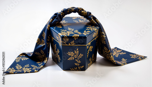 Gifts wrapped in furoshiki style with elegant floral design  