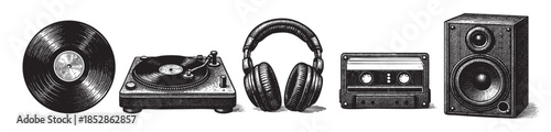 A black and white illustration showcases a collection of retro audio devices, including a vinyl record, turntable, headphones, cassette tape, and speaker, rendered in a classic woodcut style.