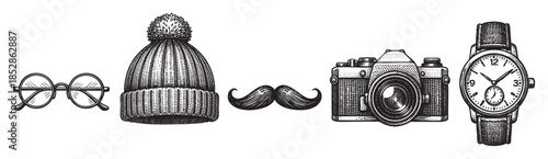 A collection of iconic hipster items including round glasses, beanie, mustache, vintage camera, and wristwatch, rendered in a detailed black and white sketch style.