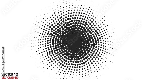 Abstract circular pattern of black dots fading outwards on a white background, creating a halftone effect.