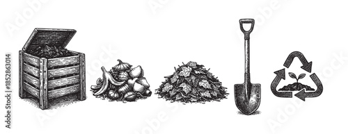 A vintage-style illustration shows composting elements including a wooden bin, fruits, vegetables, leaves, a shovel, and a recycling symbol with a seedling.