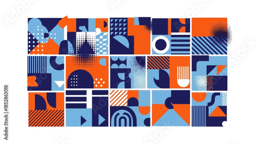 Abstract geometric design with various shapes and colors, creating a visually appealing pattern.