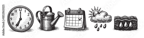 A set of five vintage hand-drawn icons depicting a clock, watering can, calendar, sun with rain cloud, and water droplets in soil, all rendered in a classic black and white sketch style.