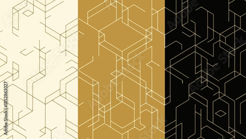 Geometric patterns in cream, gold, and black with interconnected lines.