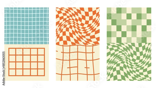 Three abstract checkered patterns in different colors, with distorted and regular grid designs.