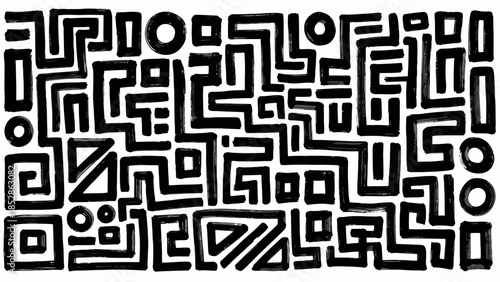 Abstract black and white artwork featuring a complex arrangement of geometric shapes and lines.