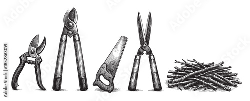 A detailed black and white illustration depicts gardening tools including shears, loppers, and a saw next to a pile of cut branches, perfect for DIY or nature-themed projects.