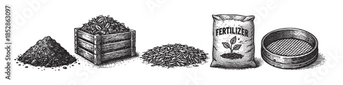 Vintage black and white illustration depicting a step-by-step process of garden preparation, showing soil, compost, fertilizer bag, and sifter for a horticultural theme.