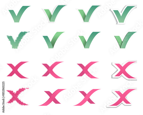 Collection of stylized check marks and cross symbols in various graphic styles including gradients, shadows, outlines, and jagged edges.