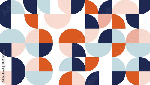 Geometric pattern with circles and squares in navy blue, orange, and light blue on a white background.
