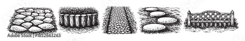A black and white illustration showcases various garden path and seating elements, including a stone wall, wooden planters, a pebble path, stepping stones, and a garden bench.
