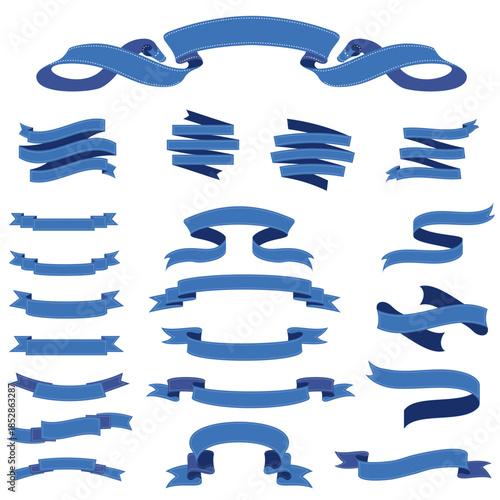 Collection of decorative blue ribbon banners in various styles and shapes with stitched edges, perfect for labels, headings, or promotions.