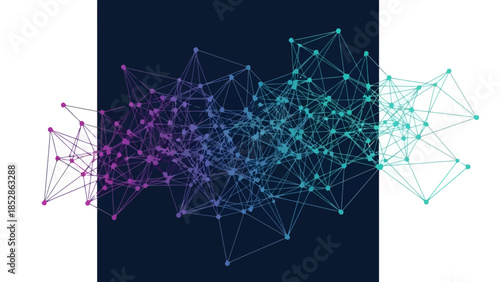 Abstract network of connected dots and lines with a gradient color scheme.