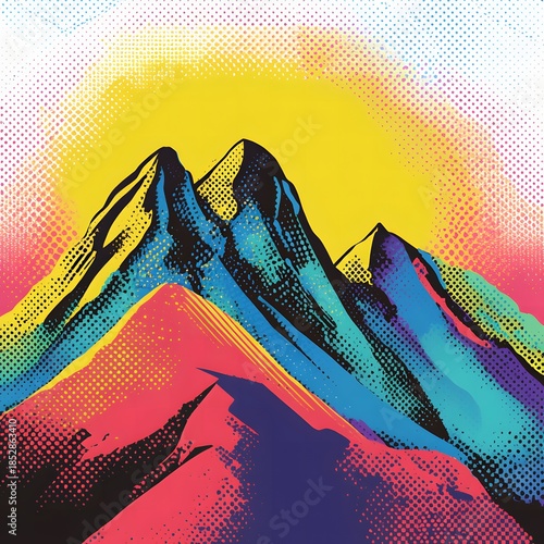 Wallpaper Mural Vibrant mountain range illustrated with halftone effects and vivid colors. Torontodigital.ca
