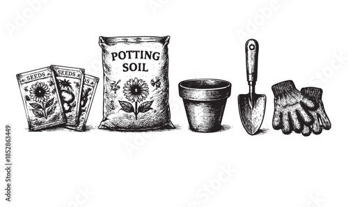 A vintage black and white illustration of gardening essentials including seed packets, a bag of potting soil, a pot, trowel, and gloves, perfect for DIY projects.