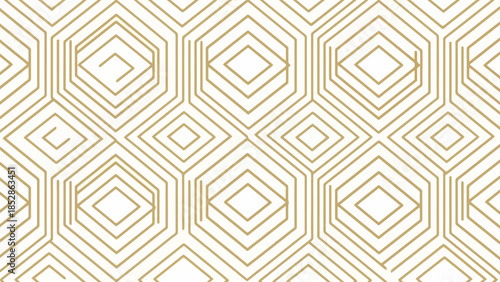 A seamless geometric pattern with interlocking hexagons and diamonds in gold on a white background.