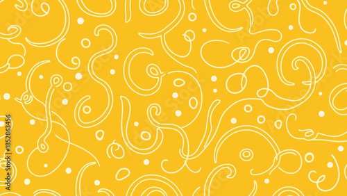 Abstract yellow background with white swirling lines and small dotted circles, decorative design.