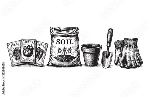 A meticulously illustrated collection of gardening essentials, including seed packets, a bag of soil, a pot, a trowel, and gloves, presented in a vintage black and white style on a white background.