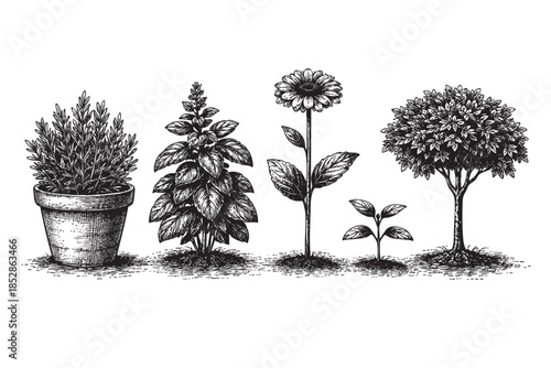 A black and white ink illustration depicts the progression of plant growth from a potted herb to a mature tree, with a flower and seedling in between.