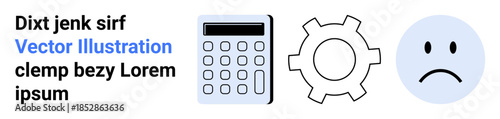 Calculator, gear, and sad face representing calculation, process, and emotions. Ideal for business, settings, education, productivity sadness workflow simple landing page