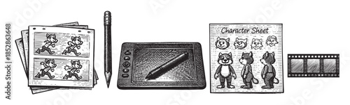 Hand-drawn illustration of animation tools including a drawing tablet, pencil, storyboard pages, character sheet, and film strip, evoking a creative process.