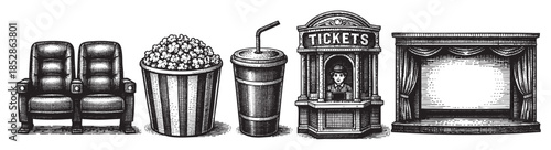 A vintage style illustration depicts a movie theater scene with plush seats, a bucket of popcorn, a drink with a straw, a ticket booth with a person, and a stage with curtains.