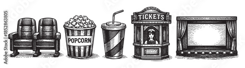 Vintage illustration of movie theater elements including seats, popcorn, a drink, ticket booth, and screen, rendered in a black and white sketch style.