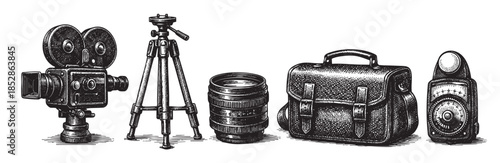 A detailed black and white illustration of vintage filmmaking equipment, including a movie camera, tripod, lens, bag, and light meter, on a white background, evoking nostalgia and professionalism.