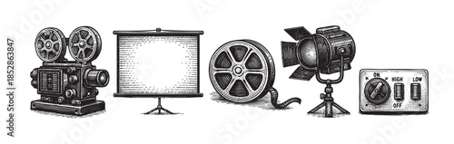 A retro, black and white woodcut style illustration showcasing a vintage film projector, screen, reel, spotlight, and control panel, evoking nostalgia and classic cinema.