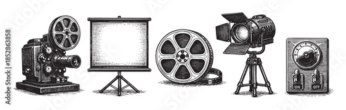 A detailed black and white illustration depicts a vintage film projector, a screen, a film reel, a spotlight, and a control panel, ideal for projects about cinema or media.