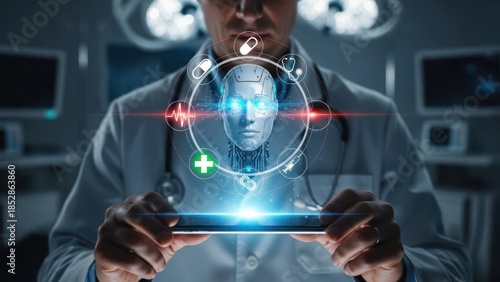 AI Medical Diagnostic: Doctor using smartphone with glowing humanoid robot head and medicine icons for automated surgical support