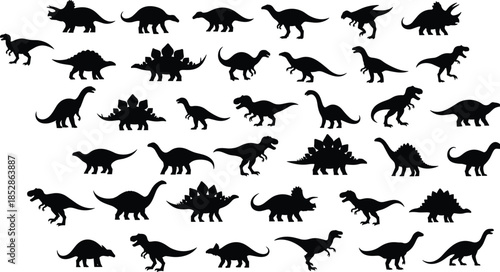 Dinosaur silhouettes, prehistoric animals, fossil shapes, ancient creatures, Jurassic icons, evolution illustration, reptile figures, extinct species, educational design, paleontology art