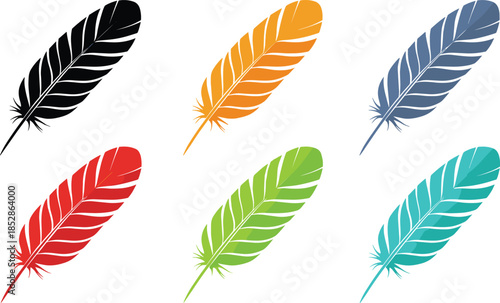 Colorful feather illustration, stylized bird quill, decorative plume design, vibrant feather art, symmetrical drawing, multicolor sketch, abstract nature element, isolated graphic