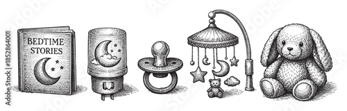A charming, hand-drawn collection of vintage baby items including a book, night light, pacifier, mobile, and teddy bear, perfect for themes of childhood and sleep.