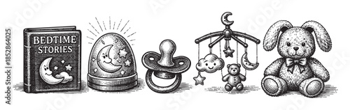 A collection of classic baby bedtime items, including a storybook, glowing moon lamp, pacifier, mobile, and teddy bear, rendered in a vintage sketch style on a white background.