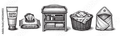 Vintage style line art illustration featuring essential baby care items like diaper cream, wet wipes, a changing table with supplies, a laundry basket, and folded baby clothes on a white background.