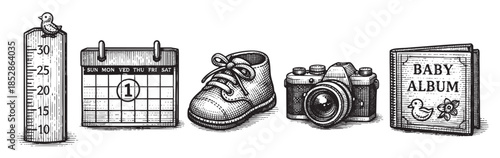 A charming sketch collection features baby's first shoe, calendar, thermometer, camera, and baby album, perfect for celebrating early milestones.