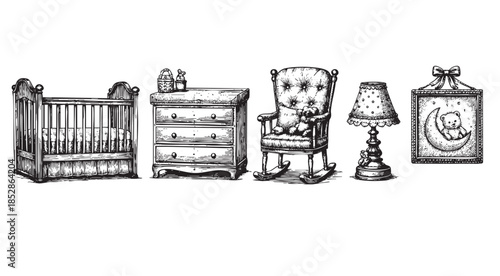 A charming black and white sketch of baby nursery furniture, including a crib, dresser, rocking chair with teddy bear, lamp, and wall art, evoking a vintage and whimsical feel.